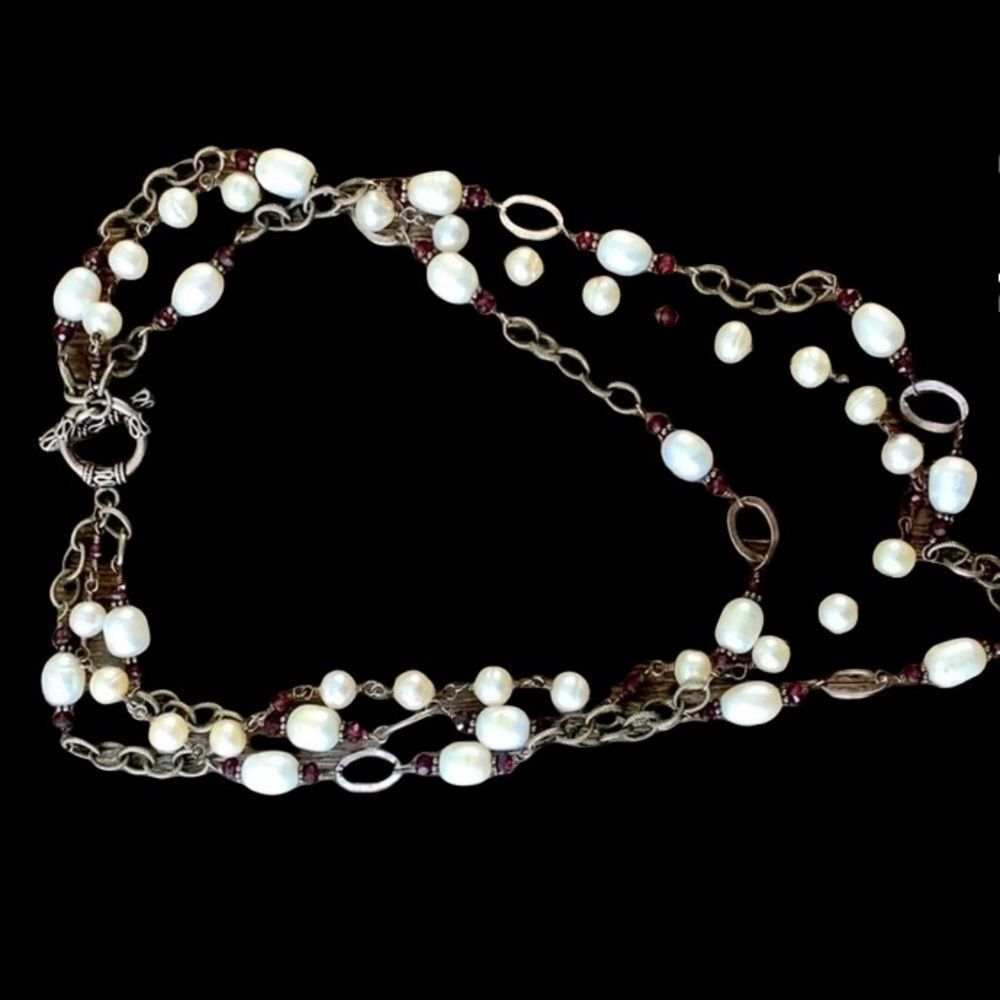Garnet and Freshwater Pearl 3 Strand Handmade‎ Necklace